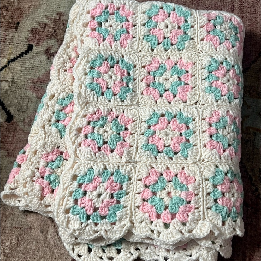 Handmade Crochet Blanket - White, Pink, and Green